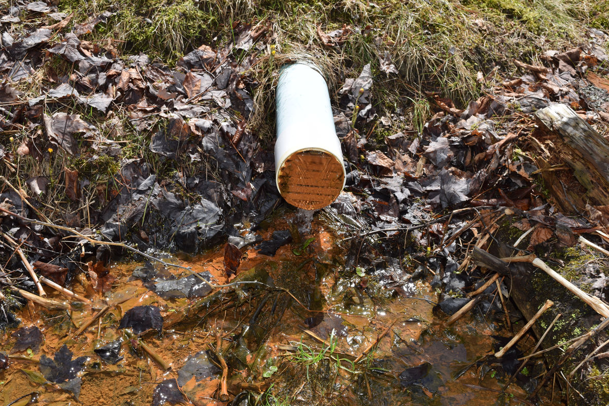 Sortie de drain français dans un sol détrempé, teinté d'orange par l'ocre ferreuse